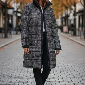 Bernardo Black and Gray Tweed Puffer Coat